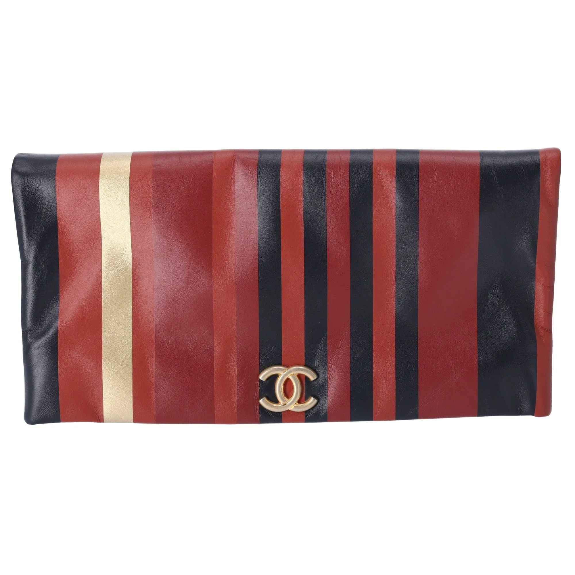 Chanel Paris Greece Black Gold Burgundy Stripe Calfskin CC Flap Clutch