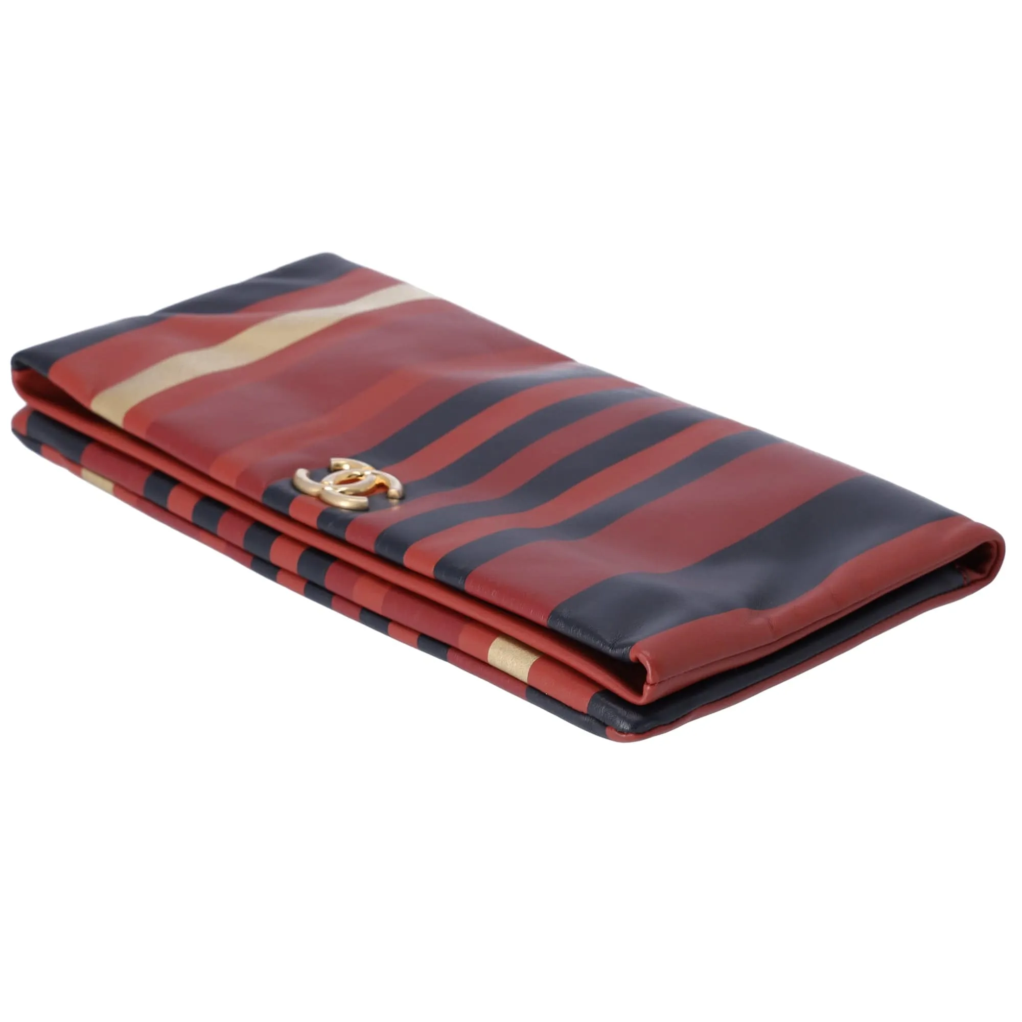 Chanel Paris Greece Black Gold Burgundy Stripe Calfskin CC Flap Clutch