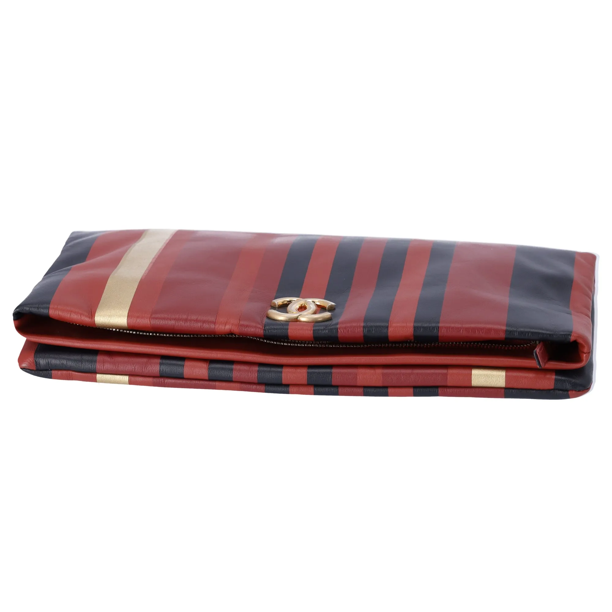 Chanel Paris Greece Black Gold Burgundy Stripe Calfskin CC Flap Clutch