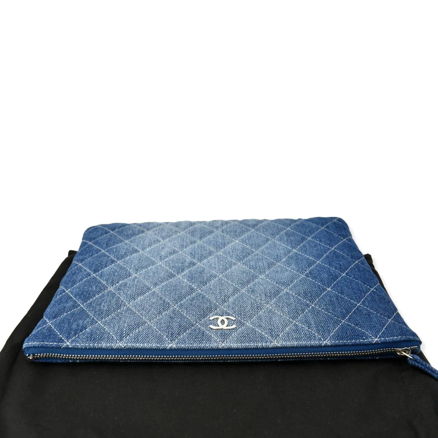 CHANEL Quilted Denim O Case Medium Pouch Blue