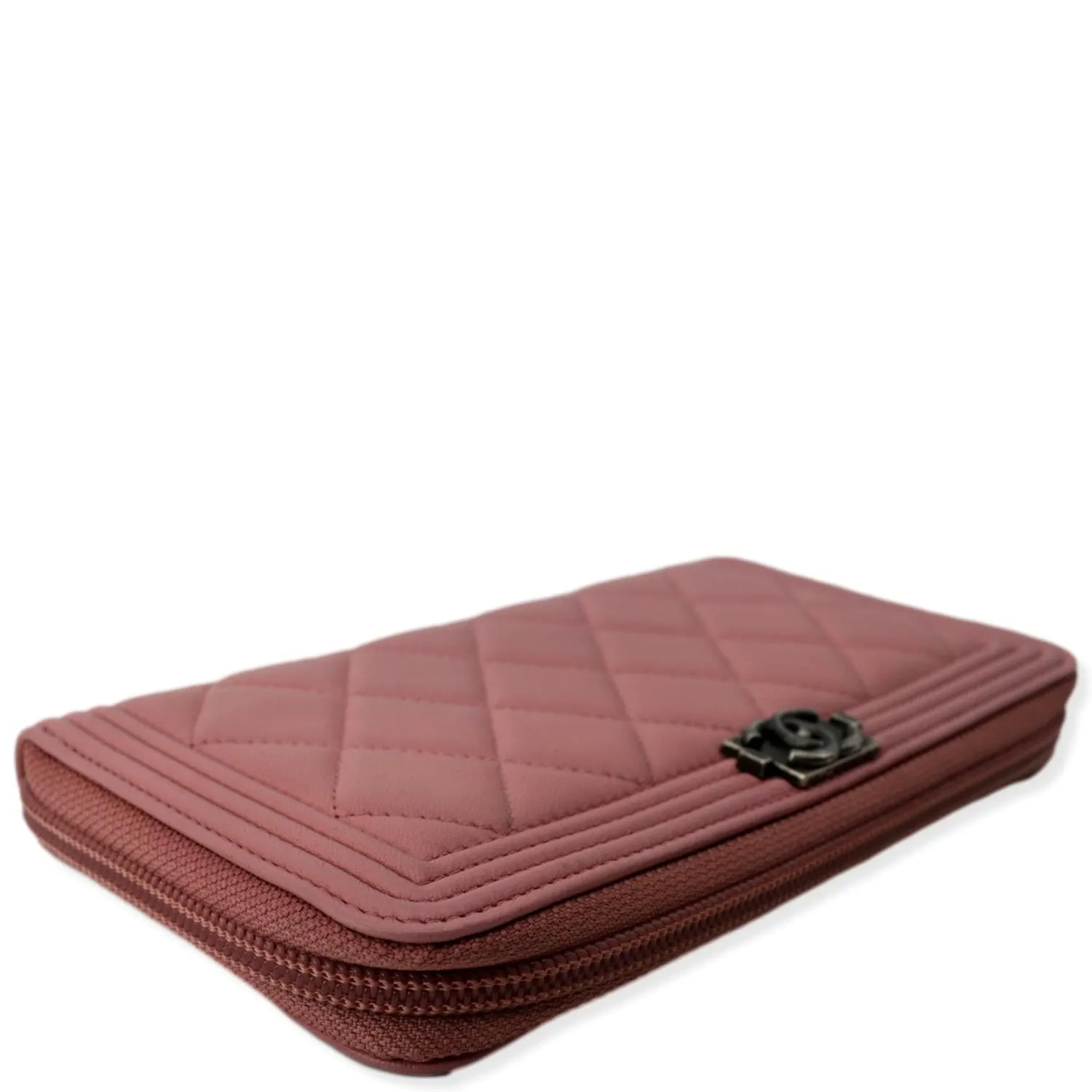 CHANEL Small Boy Lambskin Zip Around Long Wallet Pink