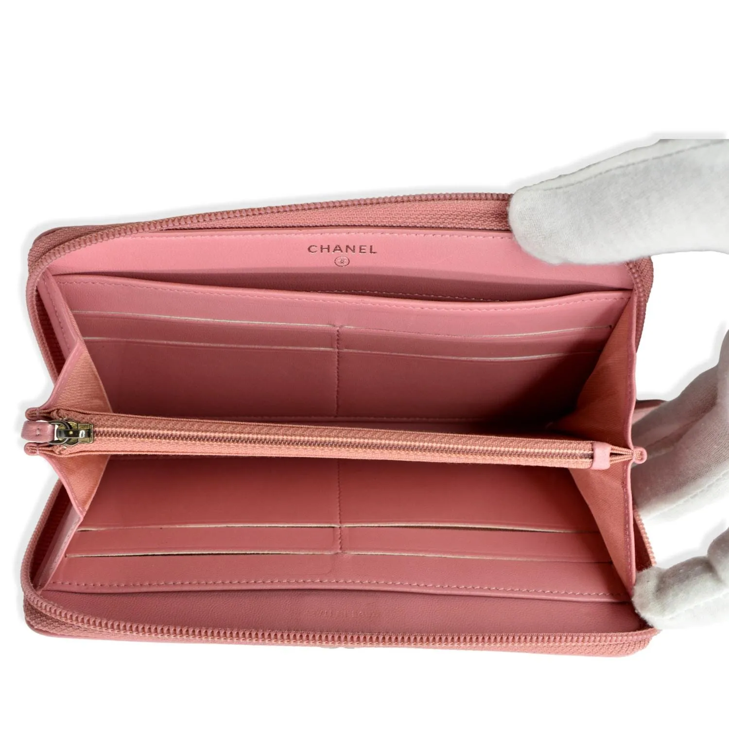 CHANEL Small Boy Lambskin Zip Around Long Wallet Pink