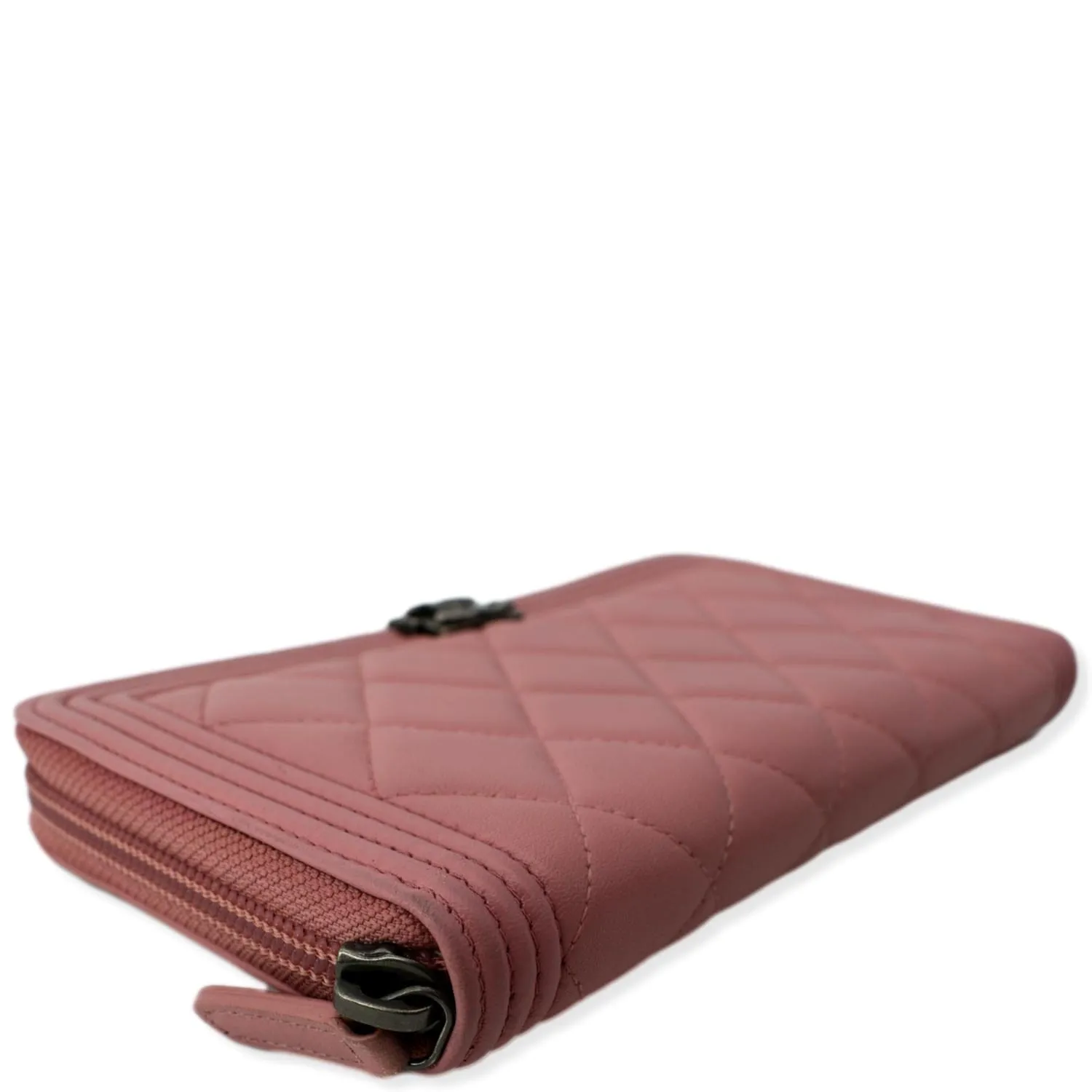 CHANEL Small Boy Lambskin Zip Around Long Wallet Pink