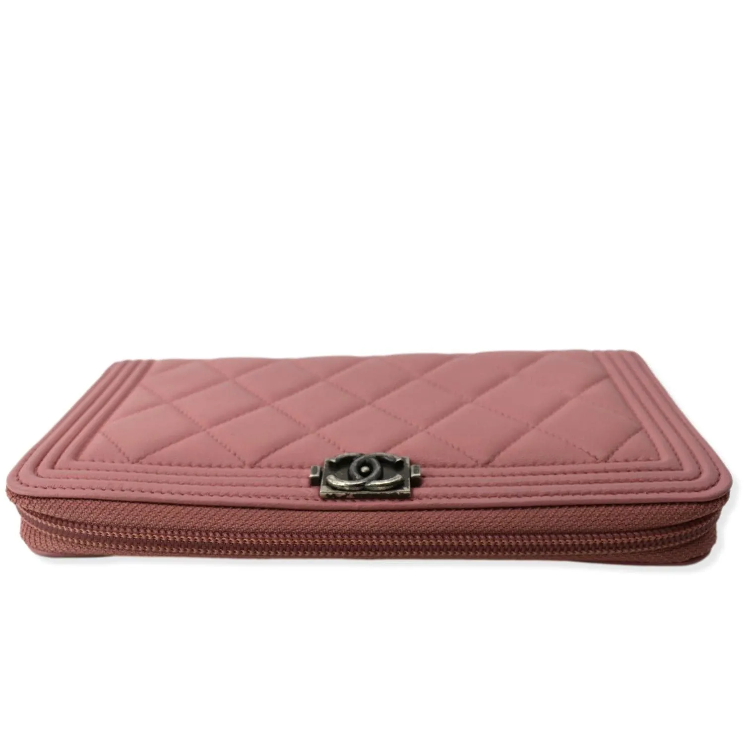 CHANEL Small Boy Lambskin Zip Around Long Wallet Pink