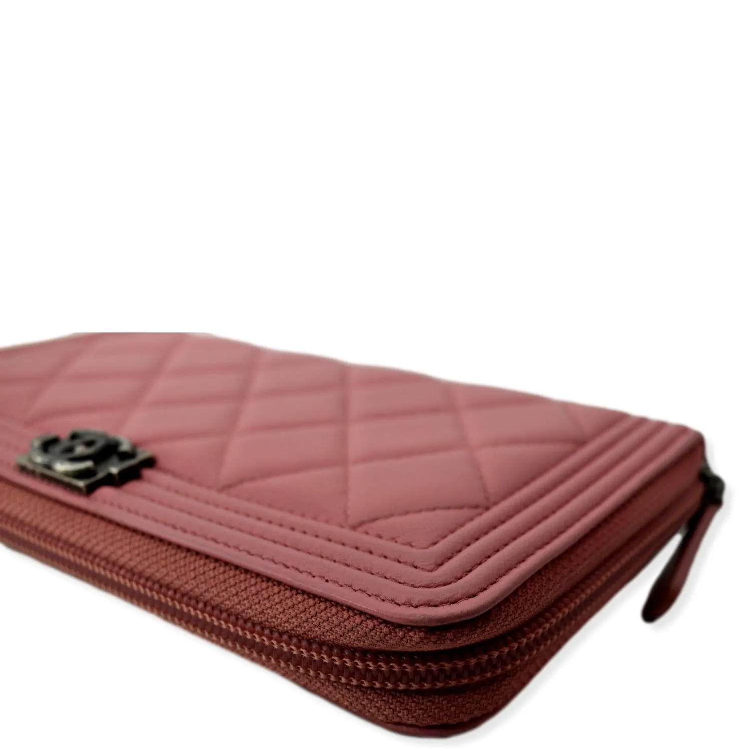 CHANEL Small Boy Lambskin Zip Around Long Wallet Pink