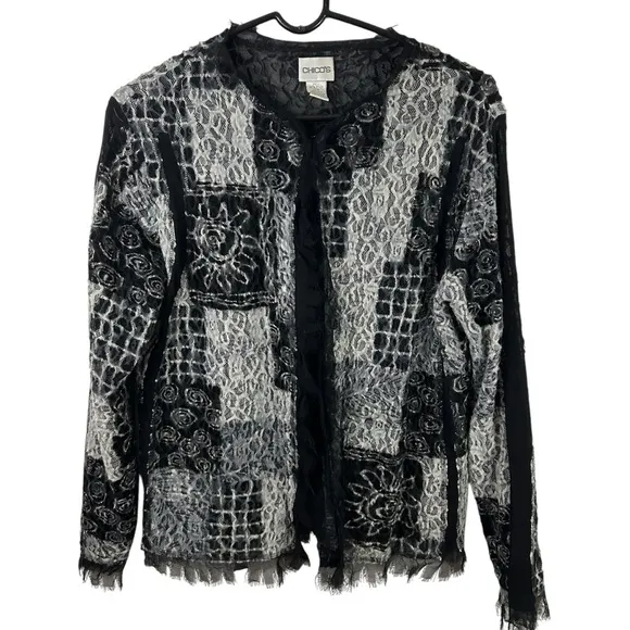 CHICO'S Burnout JACKET 1 M 8 Felt Lace Black Whimsigoth Silk Boho Witchy Goth​