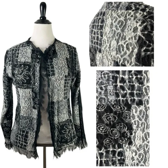 CHICO'S Burnout JACKET 1 M 8 Felt Lace Black Whimsigoth Silk Boho Witchy Goth​