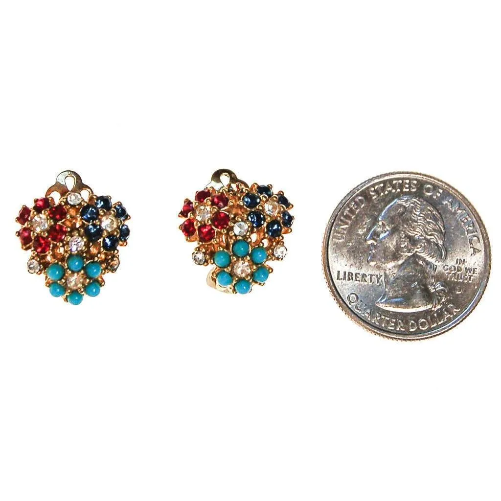 Ciner Flower Earrings, Ruby, Sapphire, Turquoise, Diamante Rhinestones