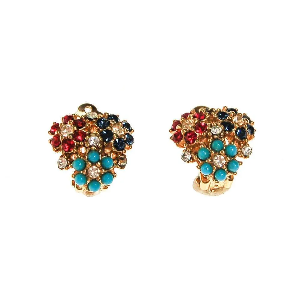 Ciner Flower Earrings, Ruby, Sapphire, Turquoise, Diamante Rhinestones