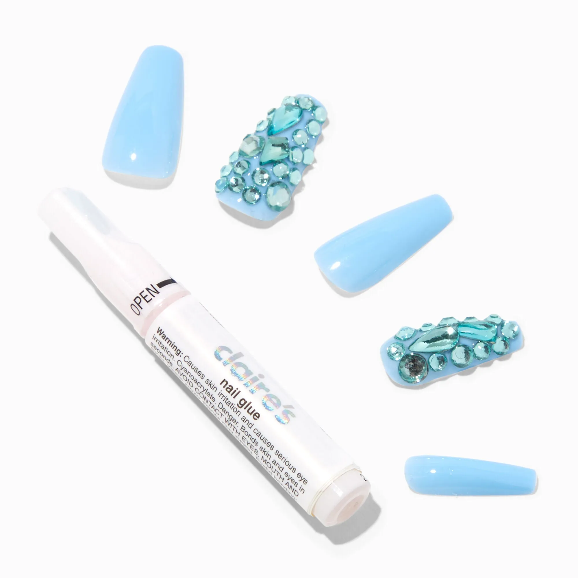 Claire's Blue Extra Bling Squareletto Vegan Faux Nail Set - 24 Pack
