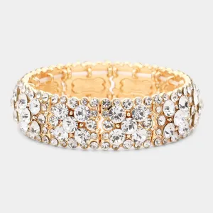 Clear Crystal Bubble Cluster Stretch Pageant Bracelet on Gold | Costume Jewelry | 523594