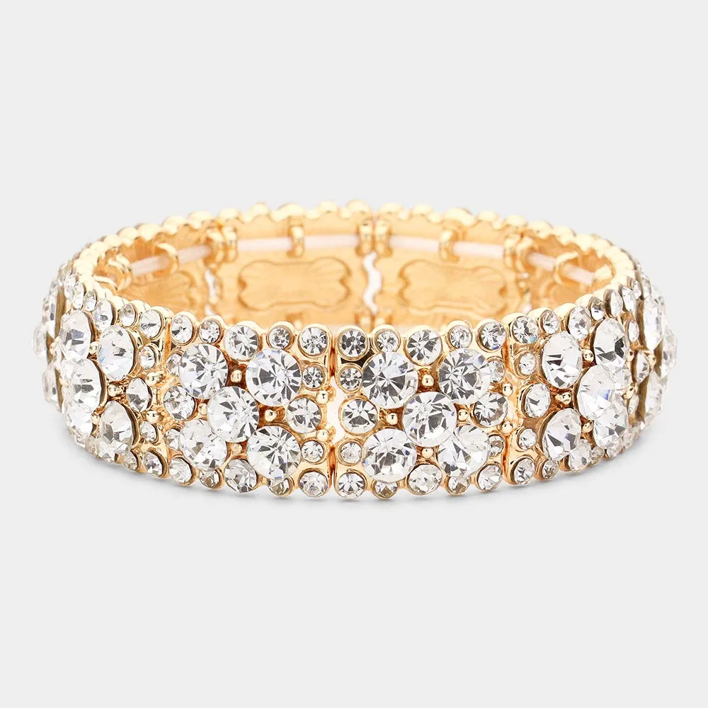 Clear Crystal Bubble Cluster Stretch Pageant Bracelet on Gold | Costume Jewelry | 523594