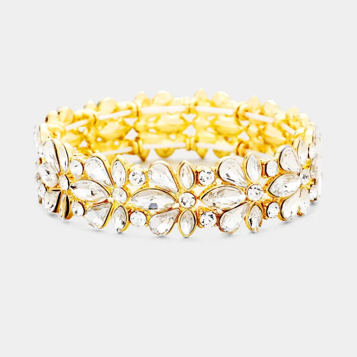Clear Crystal Flower Stretch Pageant Bracelet on Gold | Prom Bracelet | 389455