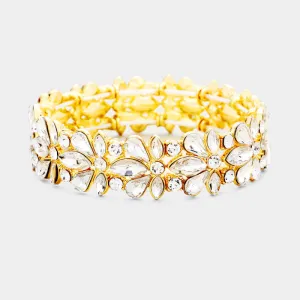 Clear Crystal Flower Stretch Pageant Bracelet on Gold | Prom Bracelet | 389455
