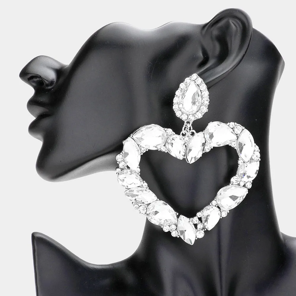 Clear Crystal Stone Open Heart Pageant Earrings | Statement Jewelry | 535803