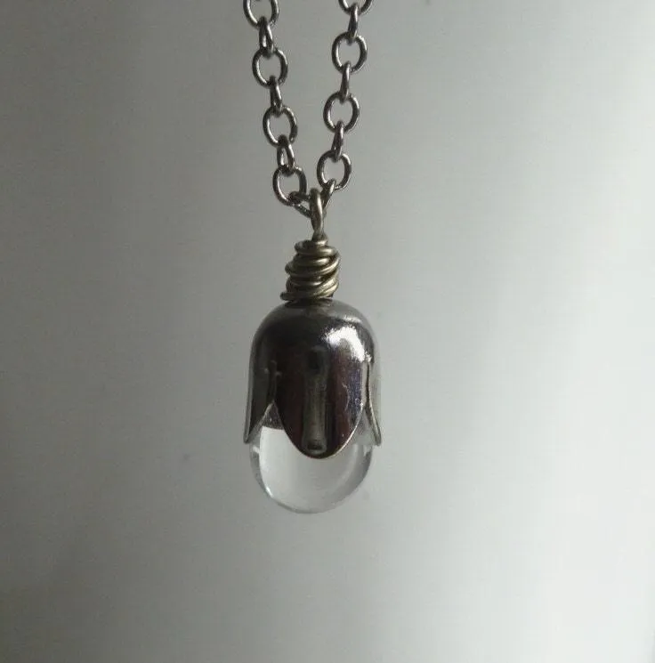 Clear Drop Necklace, clear glass teardrop pendant, clear glass pendant, water drop necklace, gunmetal necklace, small teardrop pendant, tiny