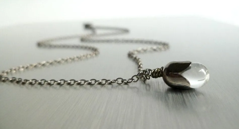 Clear Drop Necklace, clear glass teardrop pendant, clear glass pendant, water drop necklace, gunmetal necklace, small teardrop pendant, tiny