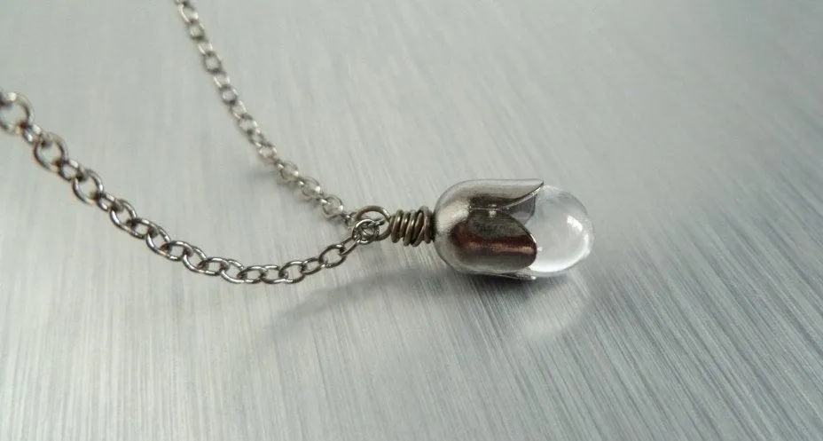Clear Drop Necklace, clear glass teardrop pendant, clear glass pendant, water drop necklace, gunmetal necklace, small teardrop pendant, tiny