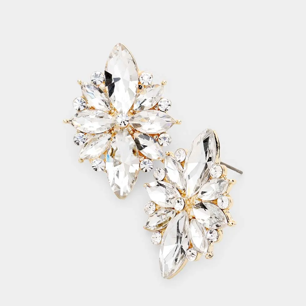 Clear Marquise Round Stone Cluster Pageant Earrings on Gold | Prom Earrings| 478052