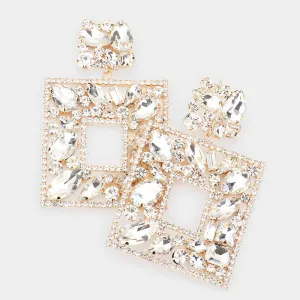 Clear Multi Crystal Stone Square Chandelier Pageant Earrings on Gold | Prom Earrings | 537262