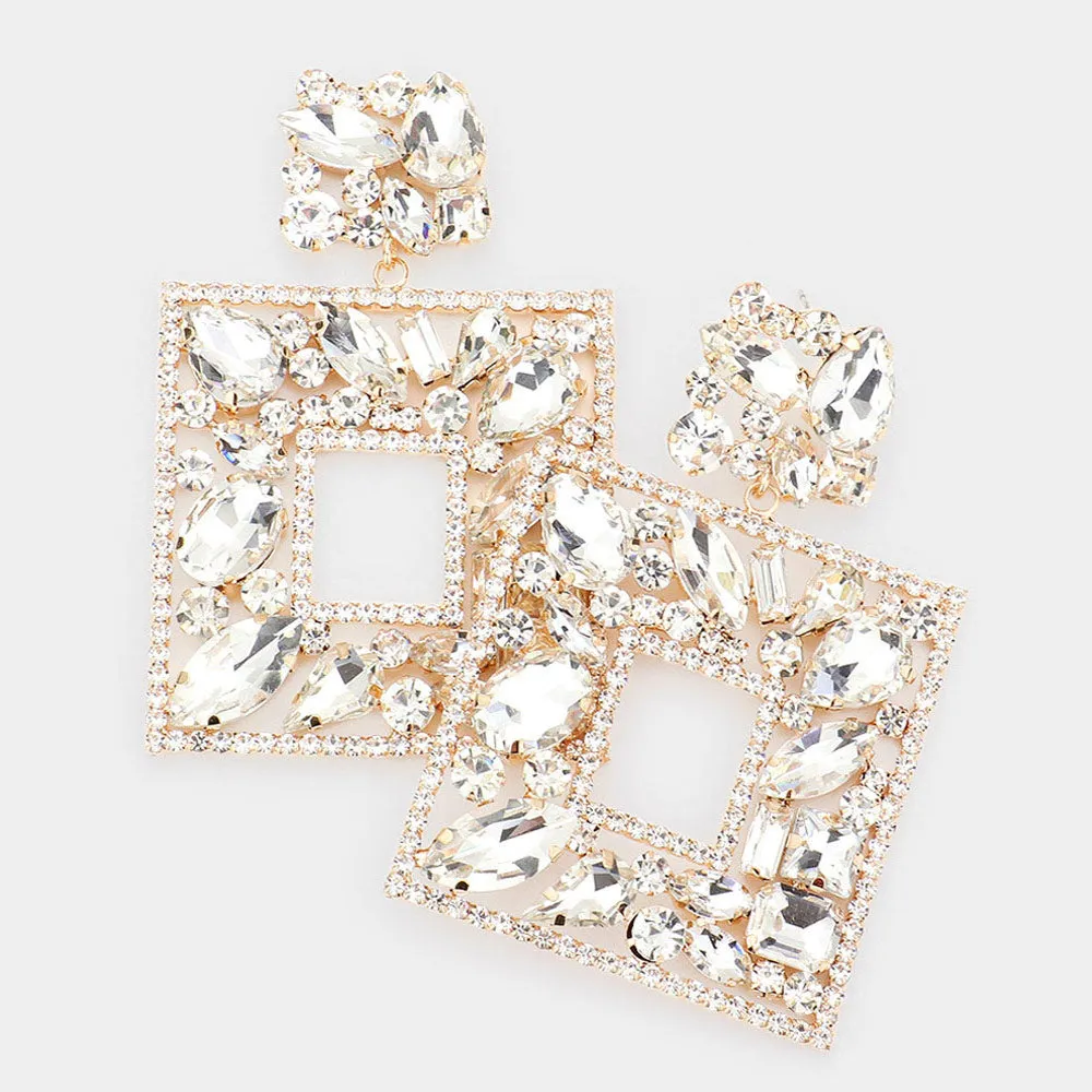 Clear Multi Crystal Stone Square Chandelier Pageant Earrings on Gold | Prom Earrings | 537262