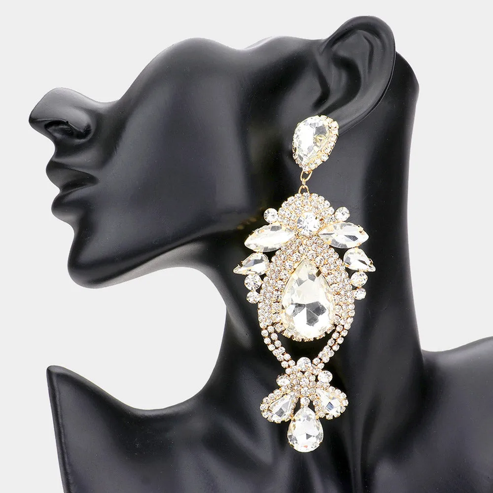 Clear Oversized Multi Stoned Crystal Chandelier Pageant Earrings on Gold | Statement Earrings | 555381