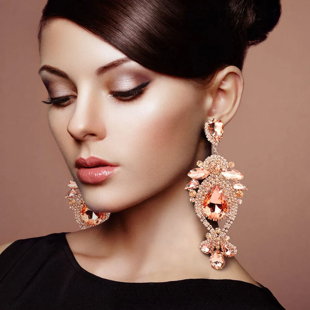 Clear Oversized Multi Stoned Crystal Chandelier Pageant Earrings on Gold | Statement Earrings | 555381