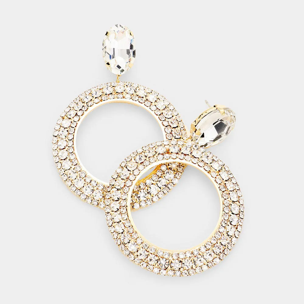 Clear Rhinestone Hoop Earrings on Gold | 2.8" | 442129