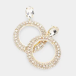 Clear Rhinestone Hoop Earrings on Gold | 2.8" | 442129