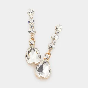 Clear Teardrop and Round Crystal Dangle Earrings on Gold | Pageant Earrings | 605230