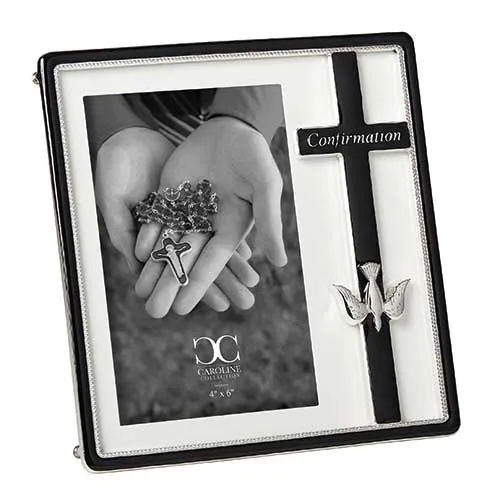 Confirmation Frame Black with Cross and Holy Spirit Dove 7 1/2"  (fits 4x6 picture)