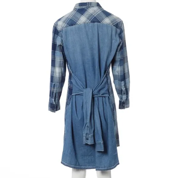 CURRENT ELLIOTT The Twist Denim Hi- Lo Shirt Dress Indigo Plaid Boho Size1