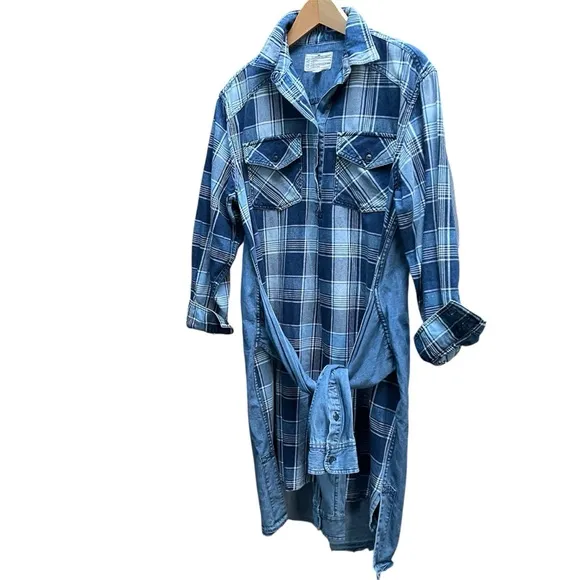 CURRENT ELLIOTT The Twist Denim Hi- Lo Shirt Dress Indigo Plaid Boho Size1