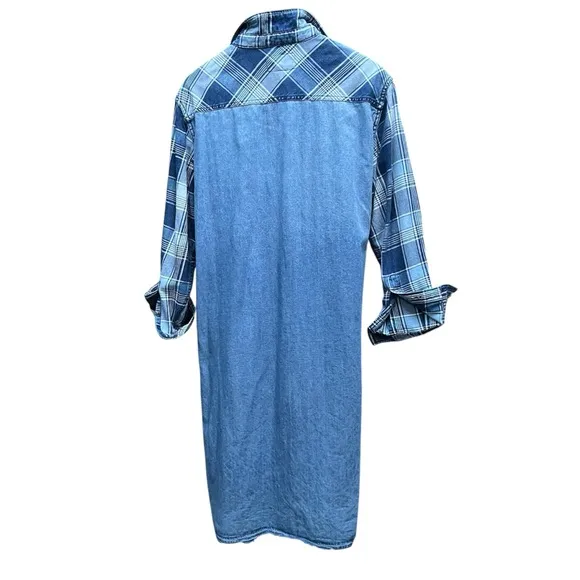 CURRENT ELLIOTT The Twist Denim Hi- Lo Shirt Dress Indigo Plaid Boho Size1