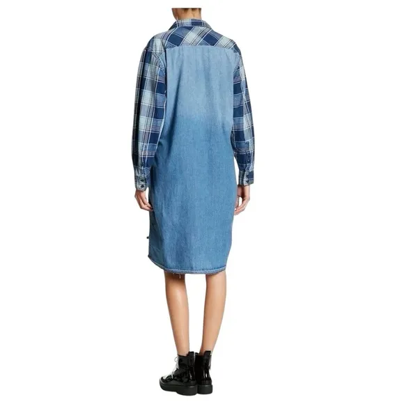 CURRENT ELLIOTT The Twist Denim Hi- Lo Shirt Dress Indigo Plaid Boho Size1