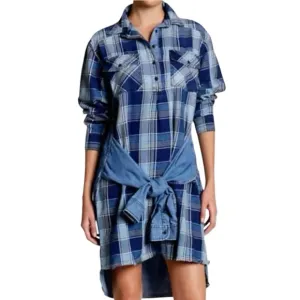 CURRENT ELLIOTT The Twist Denim Hi- Lo Shirt Dress Indigo Plaid Boho Size1