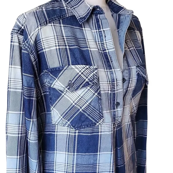CURRENT ELLIOTT The Twist Denim Hi- Lo Shirt Dress Indigo Plaid Boho Size1