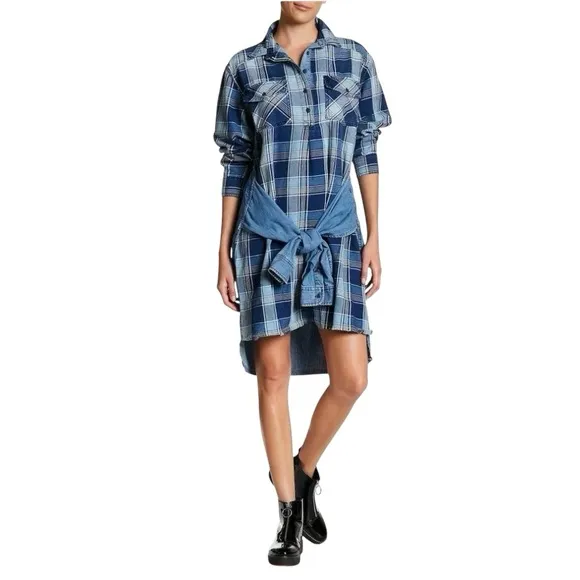 CURRENT ELLIOTT The Twist Denim Hi- Lo Shirt Dress Indigo Plaid Boho Size1