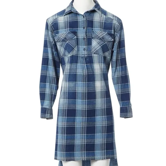 CURRENT ELLIOTT The Twist Denim Hi- Lo Shirt Dress Indigo Plaid Boho Size1