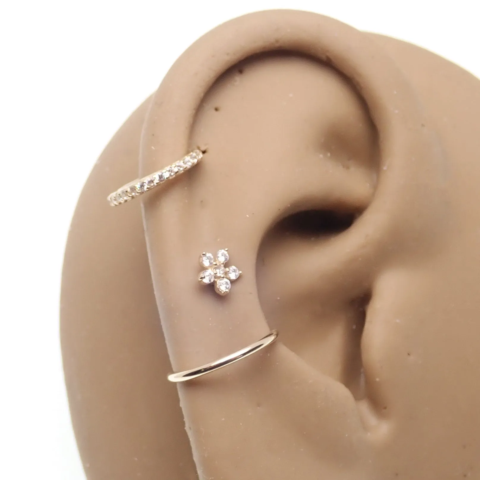CZ Flower 14k Gold Barbell with CZ Stones 16g