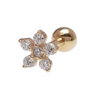 CZ Flower 14k Gold Barbell with CZ Stones 16g