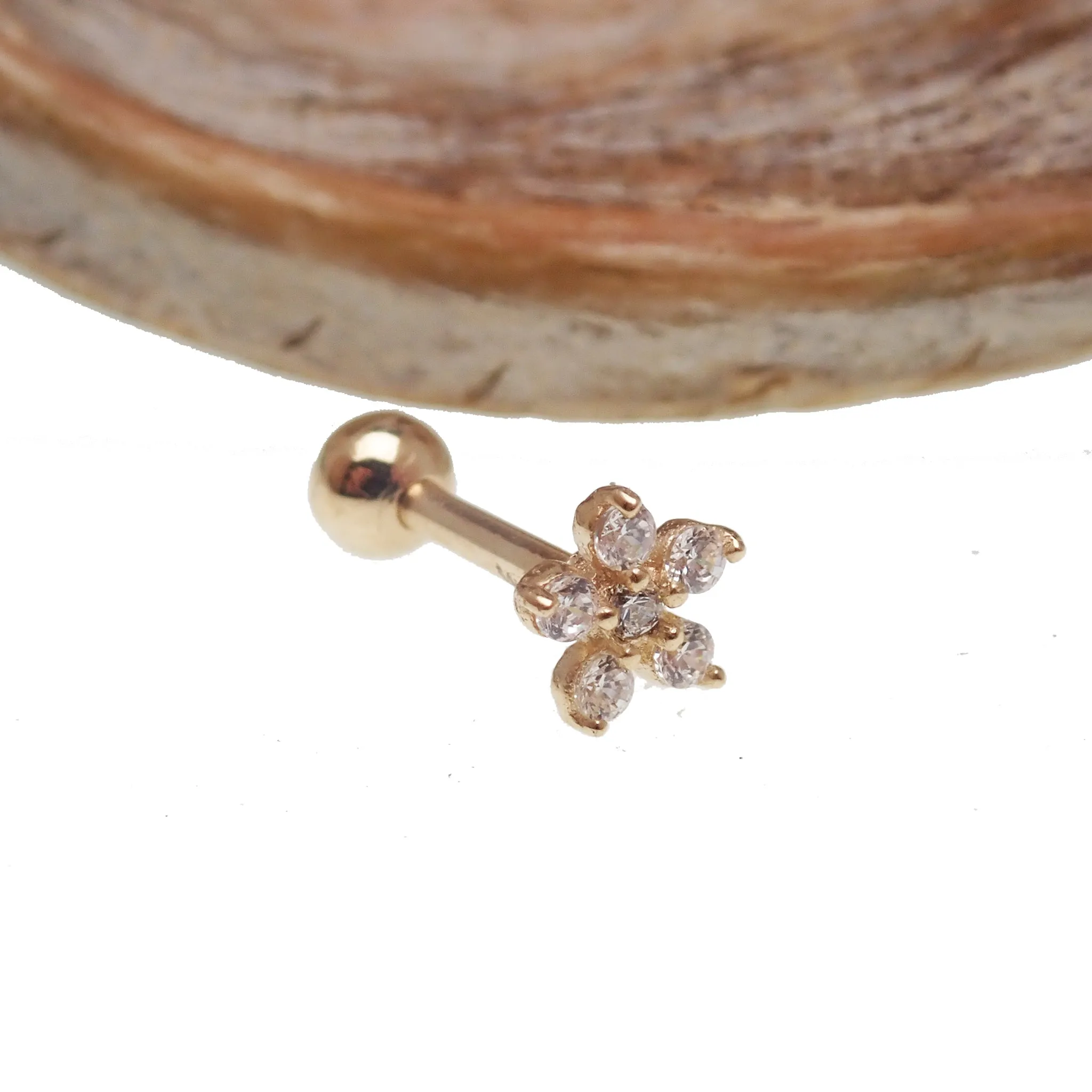 CZ Flower 14k Gold Barbell with CZ Stones 16g