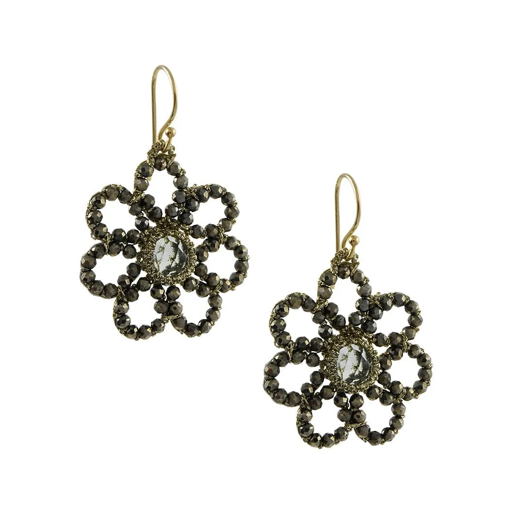 Danielle Welmond - Floral Caged Green Amethyst Drop Earrings With Pyrite Beading