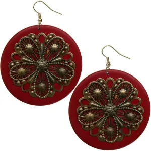 Dark Red Wooden Round Antique Filigree Earrings