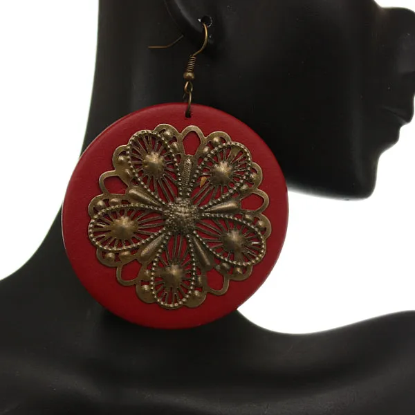Dark Red Wooden Round Antique Filigree Earrings