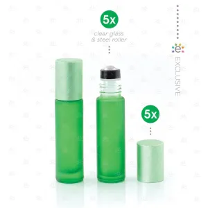 Deluxe Frosted 10ml Green roller bottles with Green Metallic Caps & Premium Rollers (5 pack)