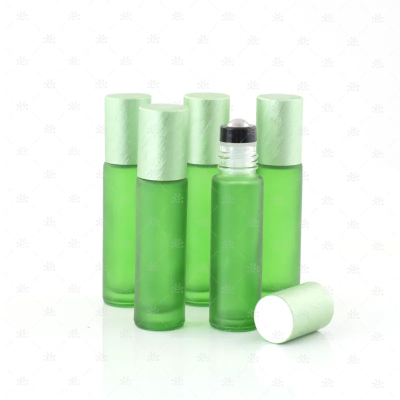 Deluxe Frosted 10ml Green roller bottles with Green Metallic Caps & Premium Rollers (5 pack)