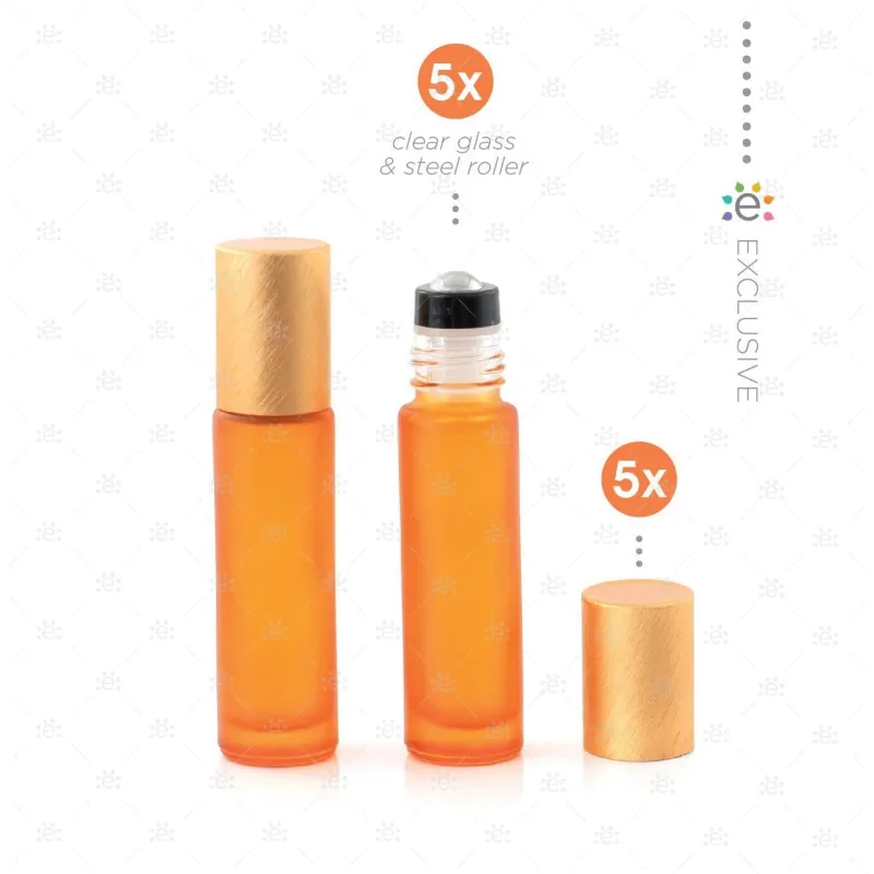 Deluxe Frosted 10ml Orange Roller Bottles with Orange Metallic Caps & Premium Rollers (5 pack)