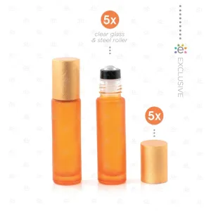 Deluxe Frosted 10ml Orange Roller Bottles with Orange Metallic Caps & Premium Rollers (5 pack)