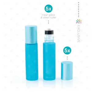 Deluxe Frosted 10ml Teal roller bottles with Teal Metallic Caps & Premium Rollers (5 pack)